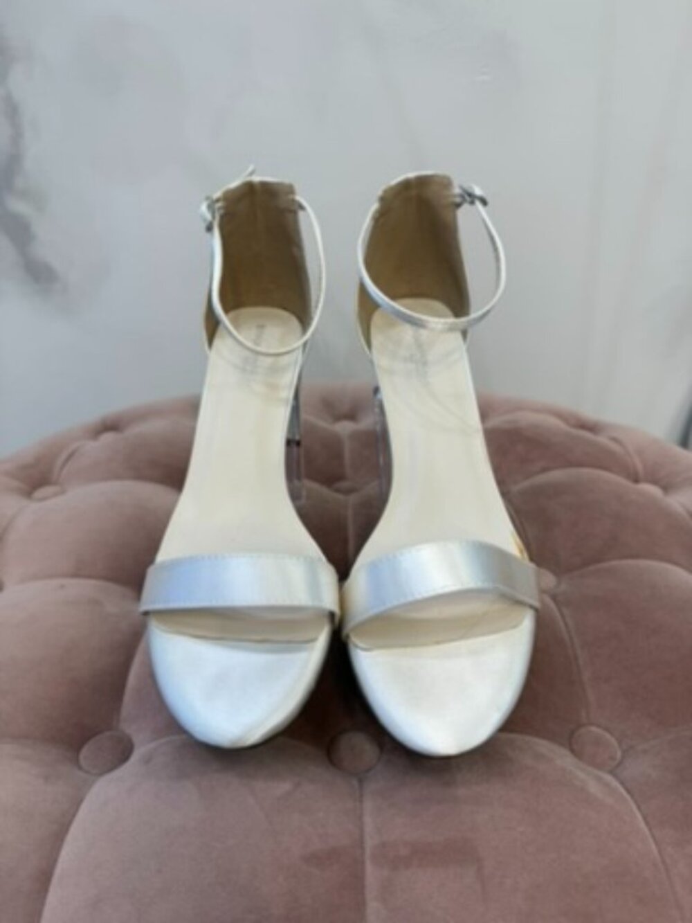 Benjamin Walk January Silver Satin Low Block Clear Heel Sandals Size 10M